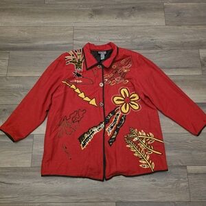 Indigo Moon Embellished Jacket Womens 1X Southwestern Geometric Embroidered Art